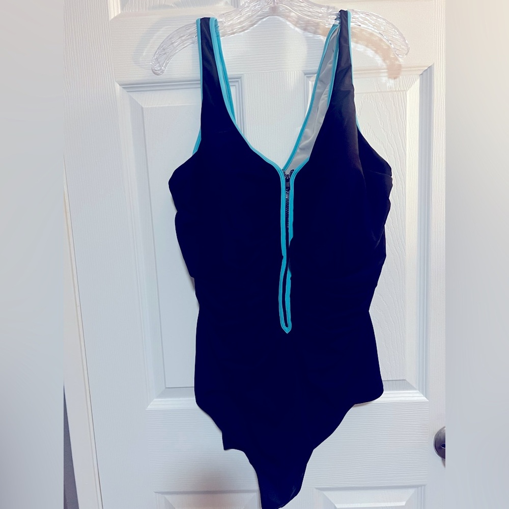 Black and Blue Zip-Front Swimsuit one piece. In EUC. With built in bra support.